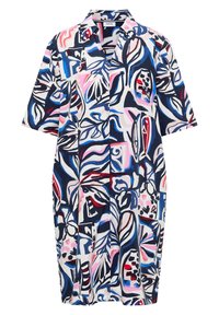 Robe ample à manches courtes avec un motif floral abstrait coloré en bleu marine, rose, blanc et rouge, dotée d’un col et d’une fermeture à boutons à l’avant.