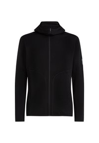 Felpa con cappuccio nera con zip, maniche lunghe, tessuto morbido, collo alto e cuciture frontali. Presenta un design minimalista e un marchio discreto sulla manica.