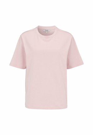 Hellrosa kurzärmliges T-Shirt mit rundem Ausschnitt und geradem Saum, dargestellt auf weißem Hintergrund.