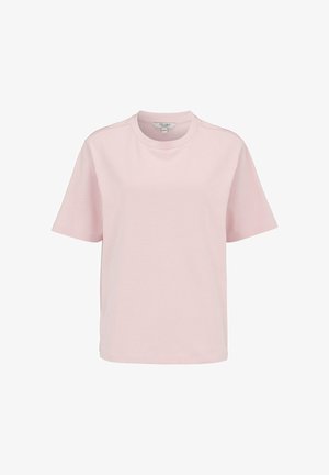 Lyserød kortærmet t-shirt med rund hals og lige kant, vist på en hvid baggrund.