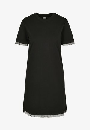 Must黑色短袖连衣裙,圆领设计,袖口和下摆有透明蕾丝装饰。采用柔软的棉质面料制作。