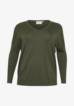 Pull vert olive à col en V, à manches longues, avec une texture côtelée et une coupe décontractée. Fabriqué en matériau doux pour un confort optimal.