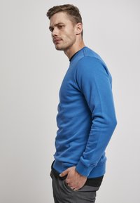 Zila kokvilnas džemperis ar garām piedurknēm, ribotām aprocēm un apaļu kakla izgriezumu, uzvilkts virs melna krekla. Gluda tekstūra un vienkāršs dizains.