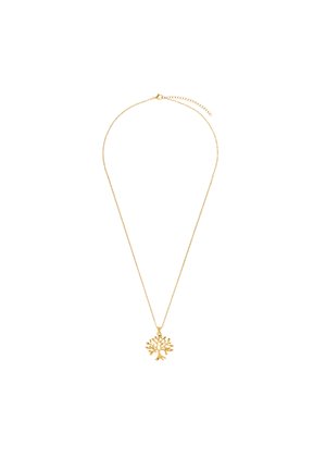 Collana in tonalità oro con una catena delicata e un pendente a forma di albero, caratterizzato da dettagli intricati delle foglie e dei rami.