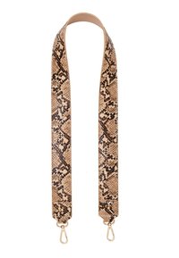 Pasek na ramię w print imitujący skórę węża w jasnobrązowym i beżowym kolorze, z fakturowaną powierzchnią oraz złotymi elementami i zaczepami na obu końcach.