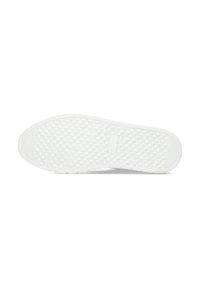 Suela de zapatilla blanca con patrón de diamante texturizado, perfil plano, bordes redondeados y un área de marca rectangular. Material de goma, diseño minimalista.