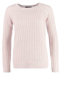 Ljusrosa stickad tröja med långa ärmar, med ribbat mönster, rund halsringning och raglanärmar för en avslappnad passform.