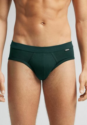 Dunkelgrüne Herrenunterhosen aus weichem, leichtem Material mit einem bequemen Bund und detailierter Zentrale Naht.