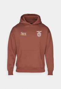 Brązowa bluza z kapturem z przednią kieszenią, z białym haftowanym emblematem i nadrukowanym tekstem. Wykonana z miękkiego materiału, o luźnym kroju.