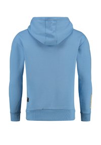 Felpa azzurra con cappuccio regolabile, polsini e orlo a costine, caratterizzata da un piccolo etichetta nera di lato e dettagli in oro sulla manica.
