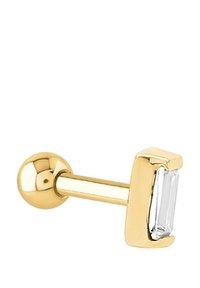 Gouden oorbel met een rechthoekige heldere edelsteen, met een gladde, gepolijste oppervlakte en een eenvoudig, modern ontwerp.