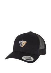 Svart snapback-cap med brodert design av et to-farget bjørneskalle og bjørneansikt. Mesh-bakside for god pusteevne.