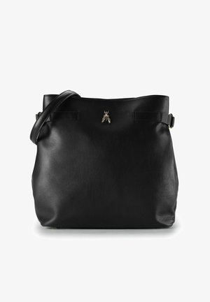 Black leather tote bag with a smooth texture, featuring two straps and a decorative metallic bee emblem at the center.
