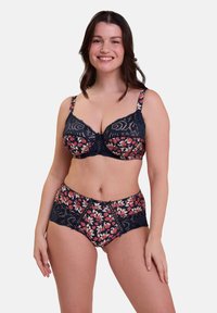Ensemble soutien-gorge en dentelle et culotte taille haute en marine avec motif floral. Comprend des bretelles ajustables et des détails en dentelle pour une touche supplémentaire.
