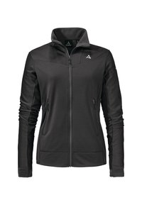 Schwarze Zip-Jacke mit hohem Kragen, aus strukturiertem Stoff gefertigt. Verfügt über zwei Fronttaschen und ein Logo auf der Brust. Leichtes Design.