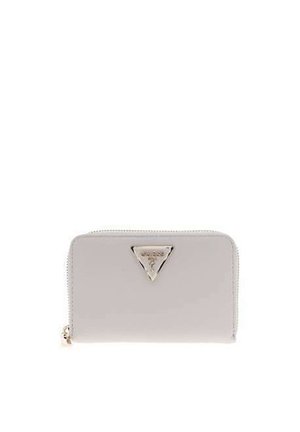 Small light gray zippered wallet with a triangular metallic GUESS logo on the front center.