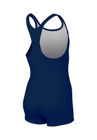Mörkblå baddräkt med en mjuk yta, med racerback-design och shorts i leggingsstil, lämplig för vattenaktiviteter.