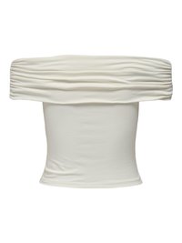 Top corto off-white con spalle scoperte, fascia elastica arricciata lungo il collo e corpo aderente e liscio.