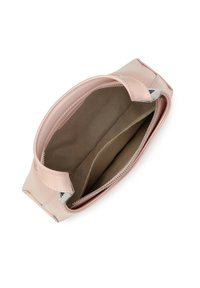 Borsa in pelle rosa con chiusura a zip e rivestimento interno in tonalità neutra. Presenta un esterno liscio e un piccolo manico.