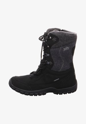 Black waterproof boot with textured gray fabric upper and a knit collar, featuring lace-up front, rubber sole, and snowflake detail.