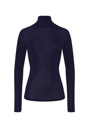 Mørkeblå ternet trøje lavet af letvægtsstof. Den har lange ærmer og en tætsiddende silhuet uden mønstre eller udsmykninger.