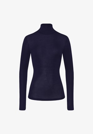Haut à col roulé bleu marine en tissu léger. Il présente des manches longues et une silhouette ajustée, sans motifs ni embellissements.
