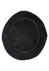 Pălărie neagră tip bucket, confecționată dintr-un material textil, cu un vârf rotund și o margine largă, înclinată în jos. Interiorul are o textură netedă.