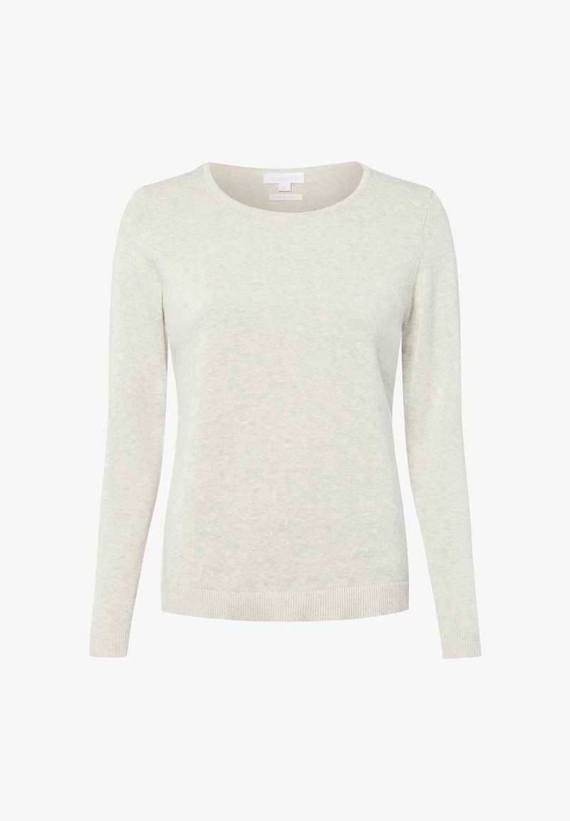 Hellgrauer, langärmeliger Pullover aus weichem Stoff, mit rundem Halsausschnitt und gerippten Bündchen und Saum. Schlichte, glatte Textur ohne Muster.