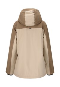 Vandafvisende jakke i beige og brune nuancer. Har hætte, kontrasterende skulderpaneler og sorte detaljer på ærmerne. Enkel design.