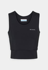 Svart ärmlös sporttopp med figursydd design, tillverkad av slät tyg. Har en logotyp på vänster bröst och en kortad nederkant.