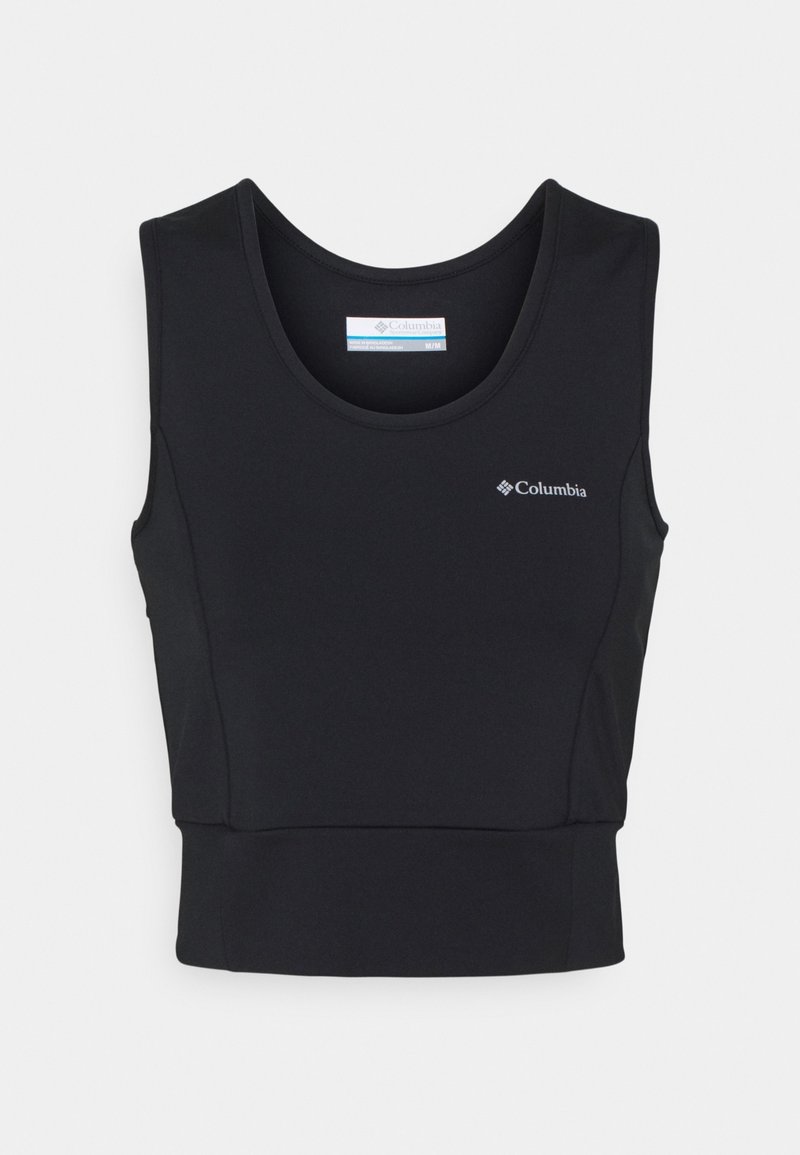 Haut de sport noir sans manches avec une coupe ajustée, fabriqué dans un tissu lisse. Présente un logo sur le côté gauche de la poitrine et un ourlet court.