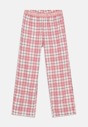 Pantaloni de pijama în carouri roz și albe, cu talie elastică, care prezintă textul repetat "BJÖRN BORG" în font roz deschis.