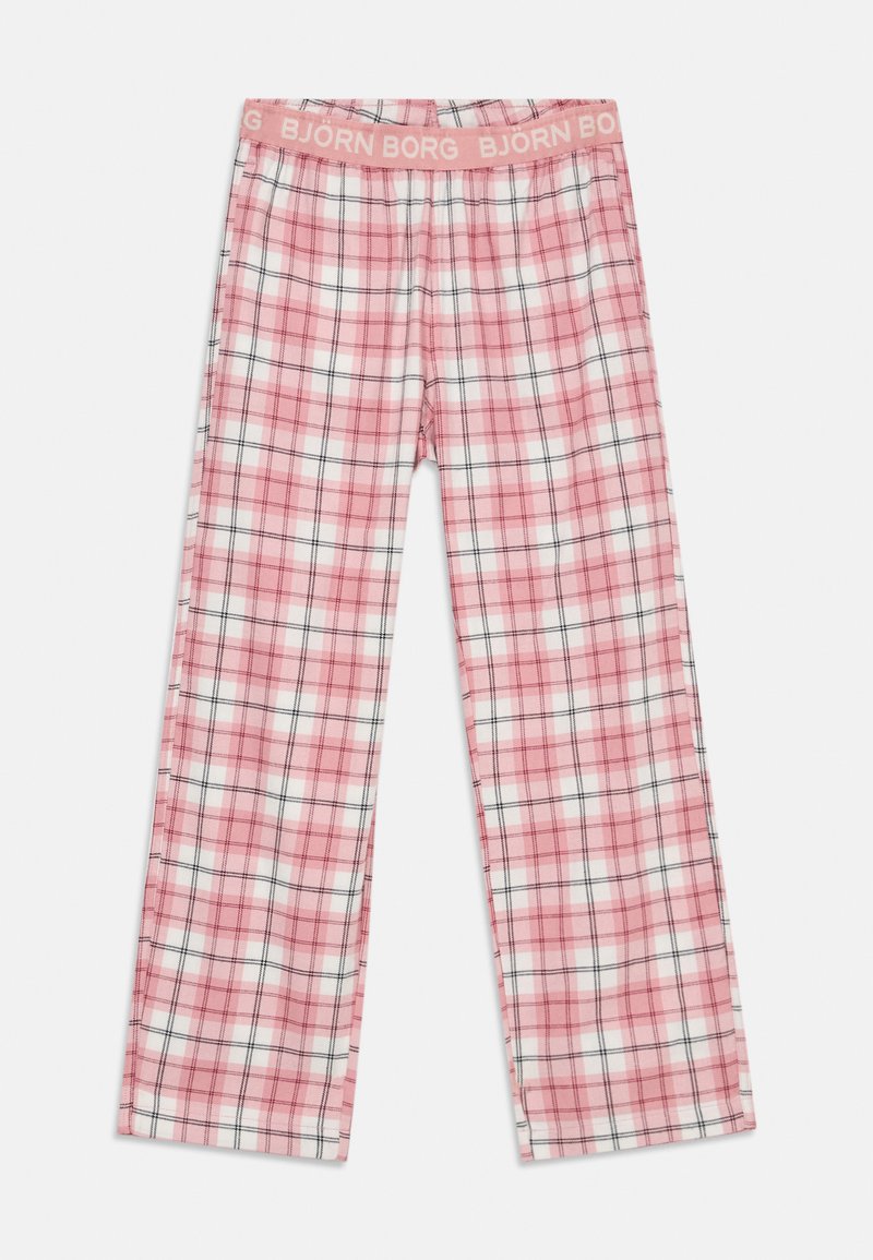 Rozā un baltas kvadrātveida pidžama bikses ar elastīgu jostas vietu, uz kurām atkārtoti ir izvietots "BJÖRN BORG" teksts gaiši rozā krāsā.