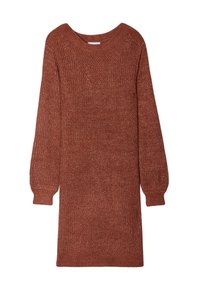 Robe tricotée couleur rouille avec un décolleté en V, de longues manches bouffantes et des poignets à côtes. La texture est épaisse avec une finition légèrement brillante.