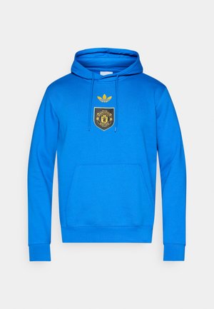 Blauwe pullover hoodie van een katoenmix, met geribbelde boorden en zoom, een voorzak en een goudkleurig Manchester United-logo met adidas trefoil.