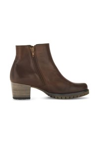 Brown leather ankle boot with a side zipper and a textured, layered heel. Features a rounded toe and a sturdy, ridged sole.