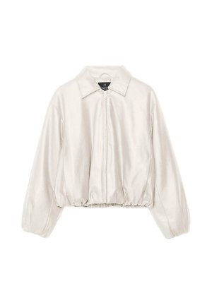 Weiße kurze Jacke mit langen Ärmeln, Frontreißverschluss, Kragen und elastischem Taillenbund.