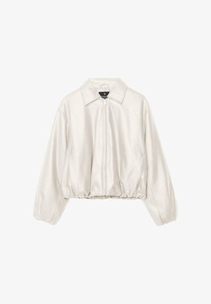 Weiße kurze Jacke mit langen Ärmeln, Frontreißverschluss, Kragen und elastischem Taillenbund.
