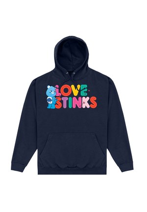 Granatowy hoodie z grafiką z napisem „LOVE STINKS” w kolorowych literach oraz ilustracją kreskówkowego misia. Z przodu kieszeń kangurza.