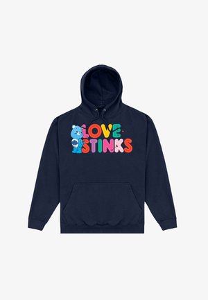 Granatowy hoodie z grafiką z napisem „LOVE STINKS” w kolorowych literach oraz ilustracją kreskówkowego misia. Z przodu kieszeń kangurza.