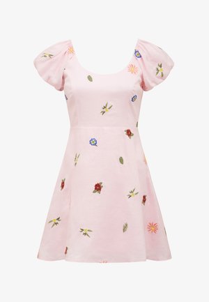 Pink dress with puff sleeves, floral embroidery in red, blue, yellow, and green, and a flared skirt design. Soft fabric texture.