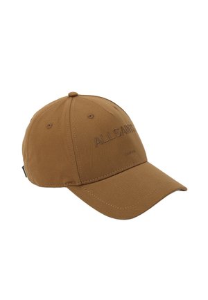 Brown cotton cap with embroidered "ALLSAINTS" logo, curved visor, six-panel design, and stitched eyelets for ventilation.