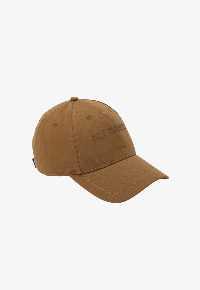 Braune Baumwollkappe mit gesticktem "ALLSAINTS"-Logo, gewölbtem Schirm, sechspaneligem Design und gestickten Belüftungslöchern.