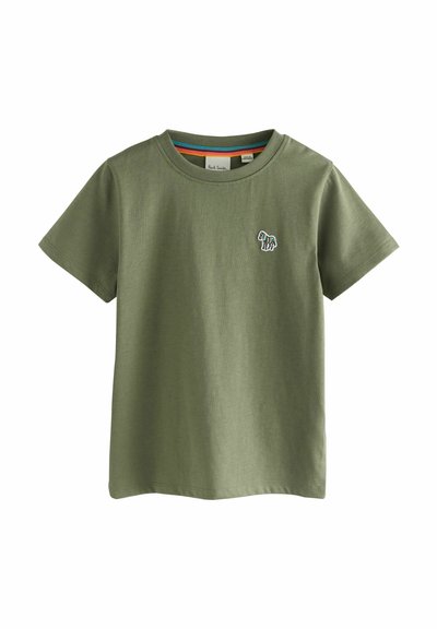 T-shirt verde oliva in un tessuto morbido e leggero. Presenta un collo rotondo e maniche corte, con un piccolo design di animale ricamato sul petto.