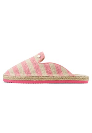 Striped slip-on slipper featuring a beige and pink woven pattern, jute-like sole, and a pink rubber bottom with a floral accent.