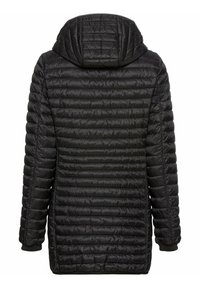 Zwarte pufferjack met een aansluitende capuchon, voorzien van horizontaal gestikte secties, elastische manchetten en een iets verlengde snit. Soepele textuur.