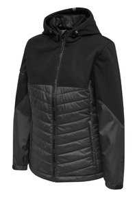 Svart och grå jacka med vadderad design, huva, dragkedja och logotypdetaljer; har olika texturer och en bekväm passform.