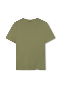 Olive green, short-sleeve T-shirt made from soft cotton. Features a round neckline and a neutral, solid color with no patterns.