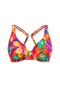 Top de bikini multicolor con un patrón floral en vibrantes tonos de naranja, rosa y verde. Diseño de espalda cruzada con tirantes ajustables y soporte con aros.