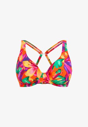 Bikini-Oberteil in verschiedenen Farben mit einem floralen Muster in leuchtendem Orange, Pink und Grün. X-Back-Design mit verstellbaren Trägern und Unterstützung durch Bügel.